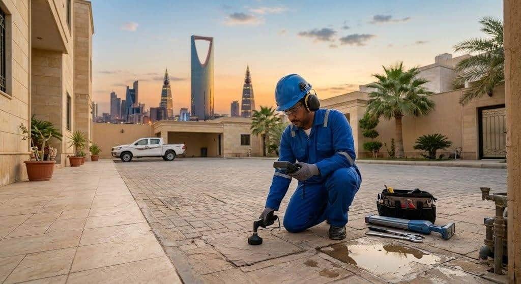 فني متخصص يقوم بفحص وكشف تسربات المياه بأحدث الأجهزة وبأسعار مناسبة ضمن خدمات أسعار كشف تسربات الإحساء لضمان الحفاظ على المبنى وراحة العملاء.