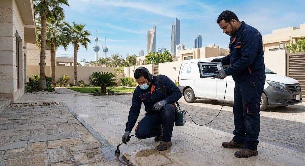 فني محترف يقوم بفحص وكشف تسربات المياه بدقة وأمان باستخدام أحدث الأجهزة الإلكترونية دون تكسير ضمن خدمات كشف تسربات المياه بالاحساء لضمان حماية المباني وراحة العملاء.