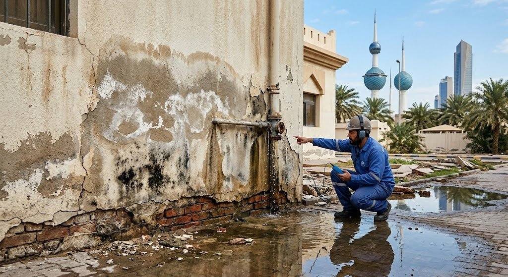 فني محترف يقوم بأعمال فحص وكشف تسربات المياه بدقة وأمان باستخدام أحدث الأجهزة الإلكترونية دون تكسير ضمن خدمات كشف تسربات حي النزهة الاحساء لضمان سلامة المبنى وراحة العملاء.