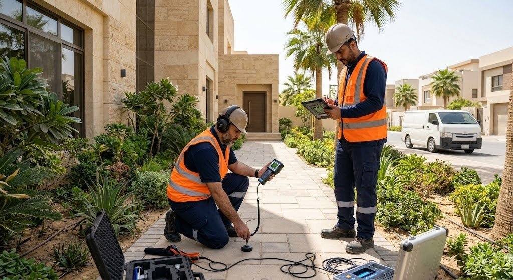 فني محترف يقوم بأعمال فحص وكشف تسربات الخزانات الأرضية بدقة وأمان باستخدام أحدث الأجهزة الإلكترونية دون تكسير ضمن خدمات كشف تسربات الخزانات الارضية بالاحساء لضمان المحافظة على المياه والبنية التحتية وراحة العملاء.