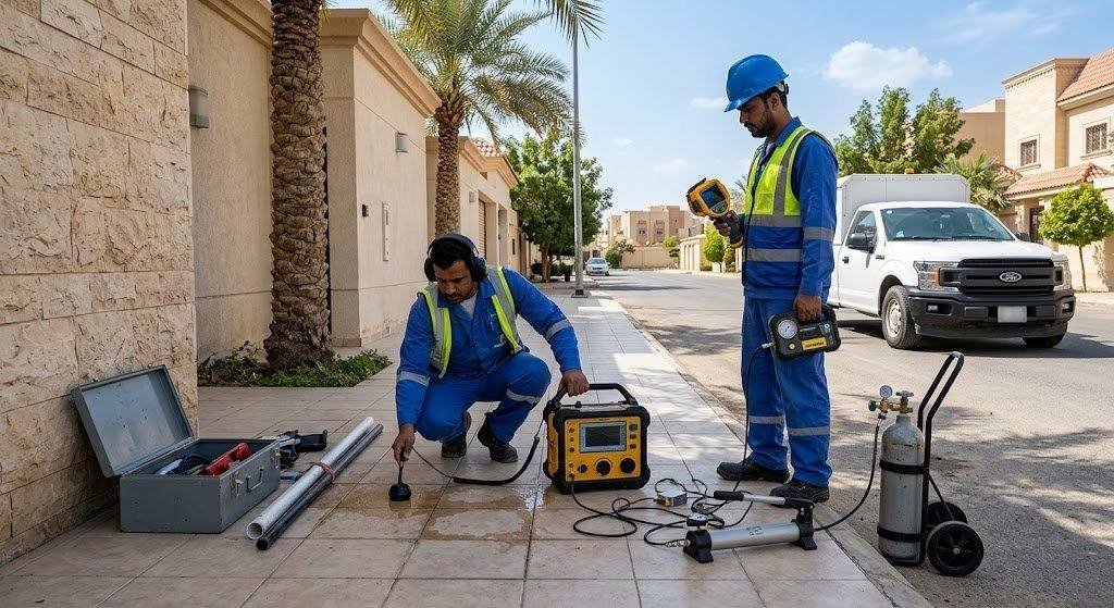 فني محترف يقوم بأعمال فحص وكشف تسربات المياه بدقة وأمان باستخدام أحدث الأجهزة الإلكترونية المتطورة وبدون تكسير ضمن خدمات كشف تسربات الجفر بالإحساء لضمان المحافظة على سلامة المباني وراحة العملاء.